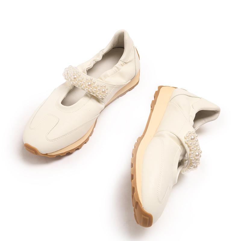 Leather Platform White Shoes Women's Word with Pearl Velcro Ballet Sports Style Casual Mary Jane De Training Shoes Women