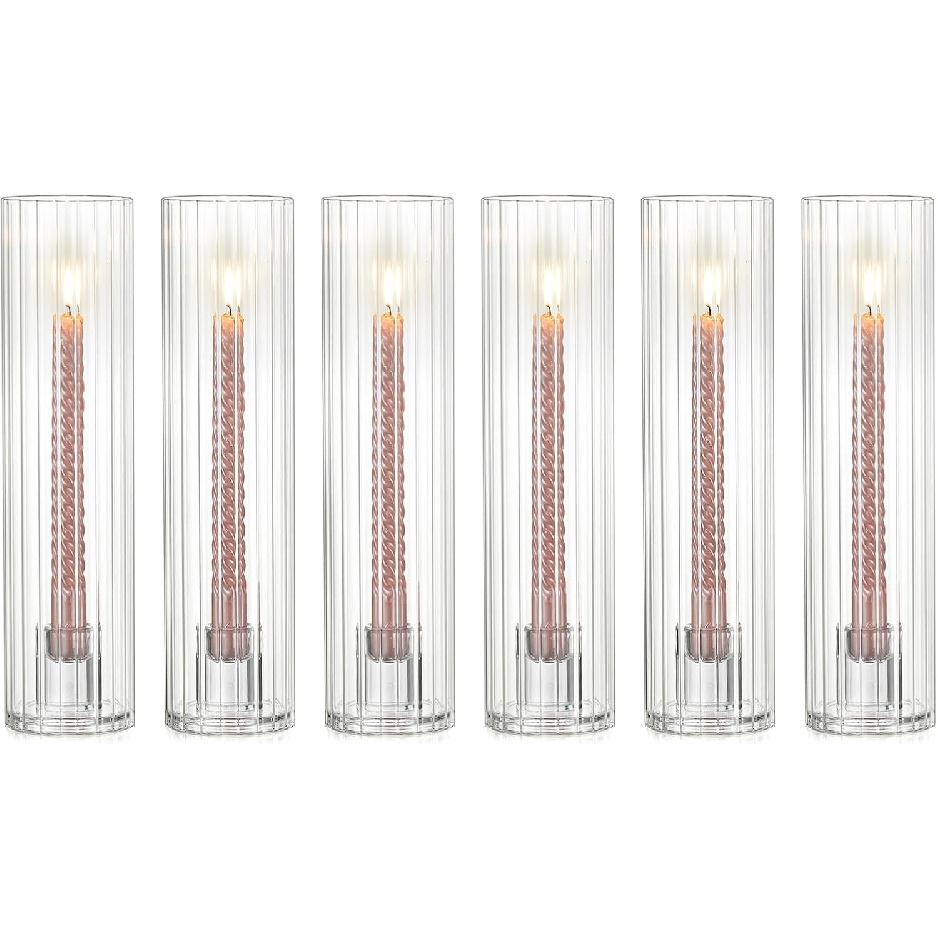NUPTIO Taper Candle Holders for Centerpiece: Ribbed Hurricane Glass Candlestick Holder - Set of 6 Windproof Fluted Candle Stick Stand for Fall