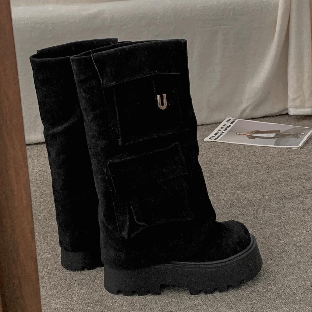 Brown Suede Pocket Flat Platform Knee High Boots Women's Soft Y2K Cool Round Toe Highten Shoes 2025 New in Luxury Designer Shoes