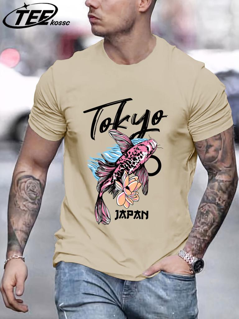 Tokyo Japan Flower Koi Print Men T Shirts Hip Hop AllMatch Short Sleeve Cotton Summer Clothes Casual Oversize Trendy Sportswear