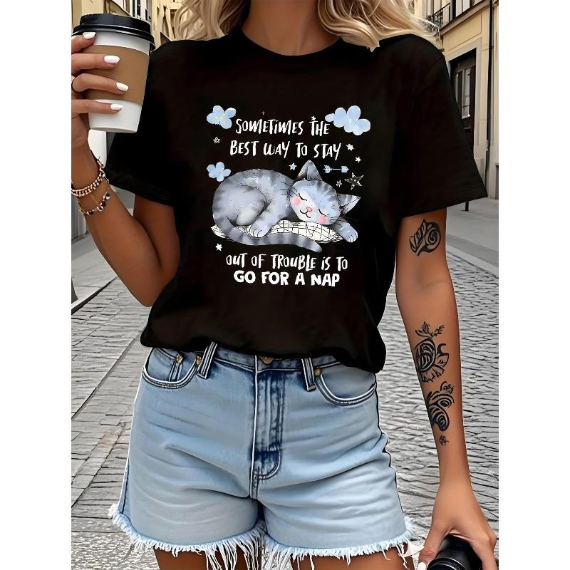 

European Size Women S Fashionable T-shirt | Fun Retro Creative Pattern Printing, Soft and Comfortable 100% Pure, Casual 4XL