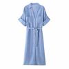 European and American style, new women's clothing, linen long-sleeved lapel with belt, Midi long dress.
