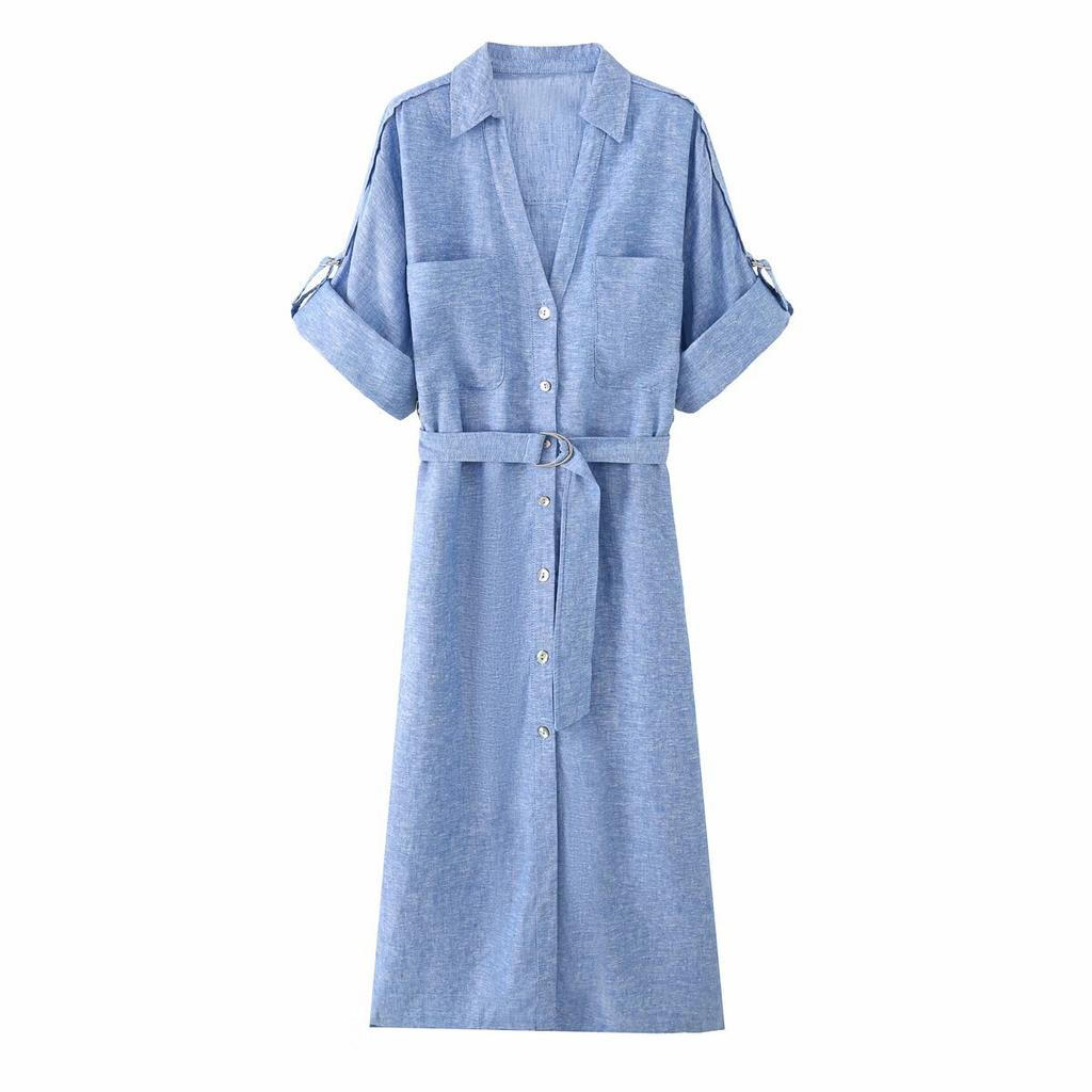 European and American style, new women's clothing, linen long-sleeved lapel with belt, Midi long dress.