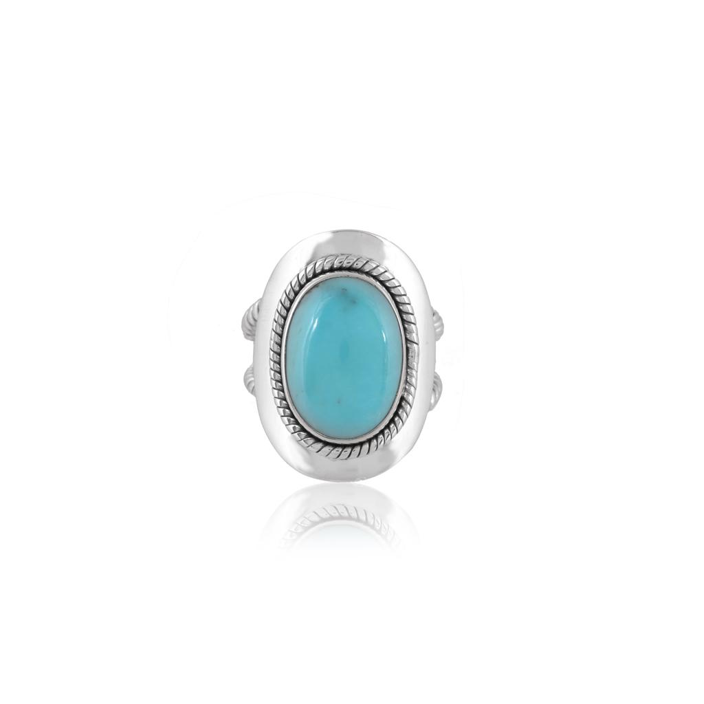 Sterling Silver Turquoise Ring - Oval Blue Gemstone Statement Ring with Rope Border - Boho Southwest Style Women's Jewelry