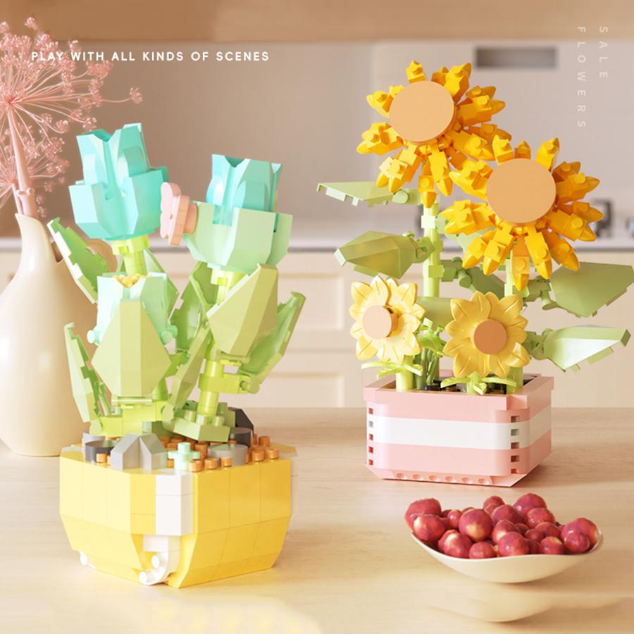 Mini Potted Building Block Sets Plastic Flowers Blocks Kids DIY Educational Toys Decoration For Home
