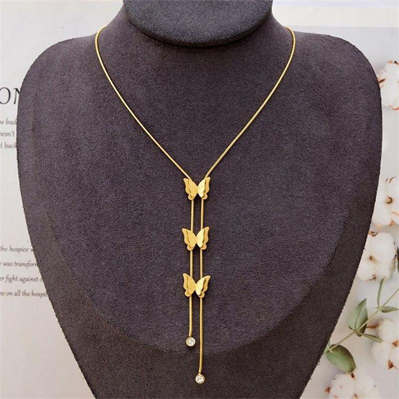 316L Stainless Steel New Fashion Fine Jewelry Butterfly Zircon Tassel Charms Snake Chain Choker Necklaces Pendants For Women