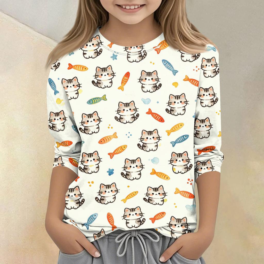 Kinder Tierdruck Rundhals Dreiviertelarm Lässiges T-Shirt Leichter Weicher Stoff Bequeme Passform Geeignet für den Alltag
