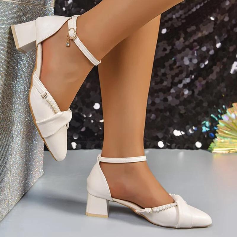 Fashion Elegant Diamond Buckle Strap Women'pumps Summer 2025 Pearl Pointed Toe Pumps Woman Casual Solid Shallow Women's High Heels