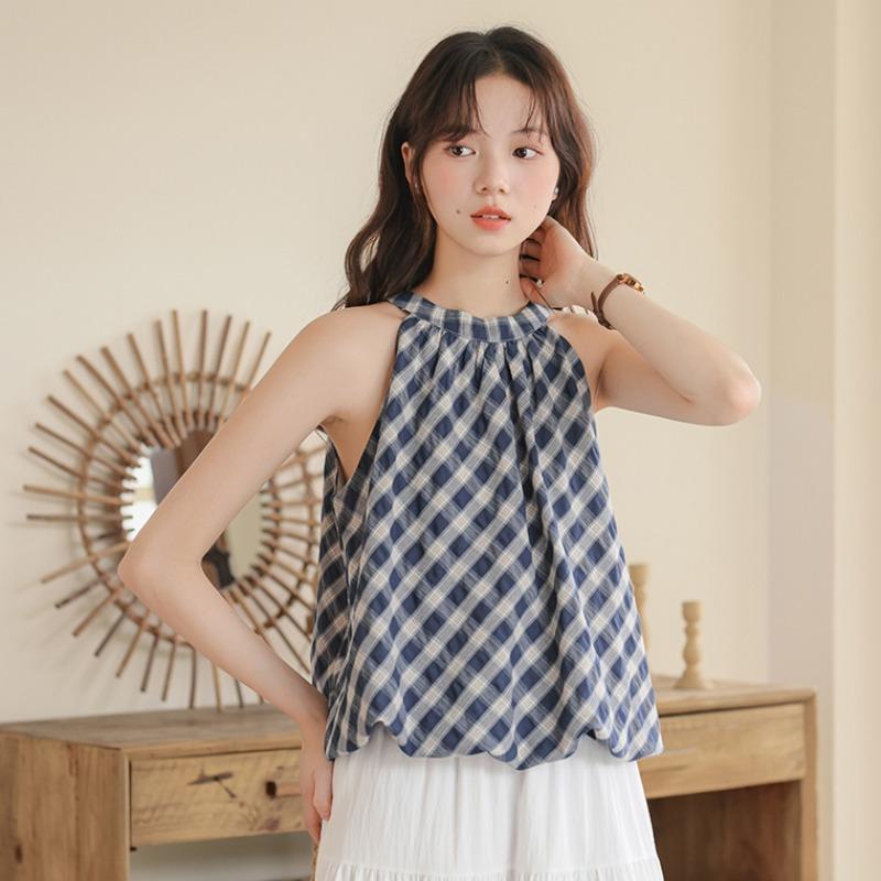 Summer Plaid Crew Neck Sleeveless Bud Neck Shirt Women's Sleeveless Suspender Vest
