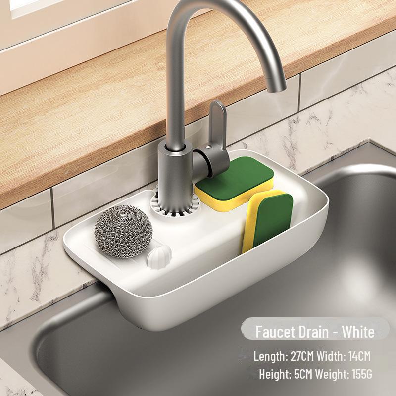 Sink Faucet Splash-Proof Drain Rack: Non-Slip Countertop Pad and Sponge Storage.