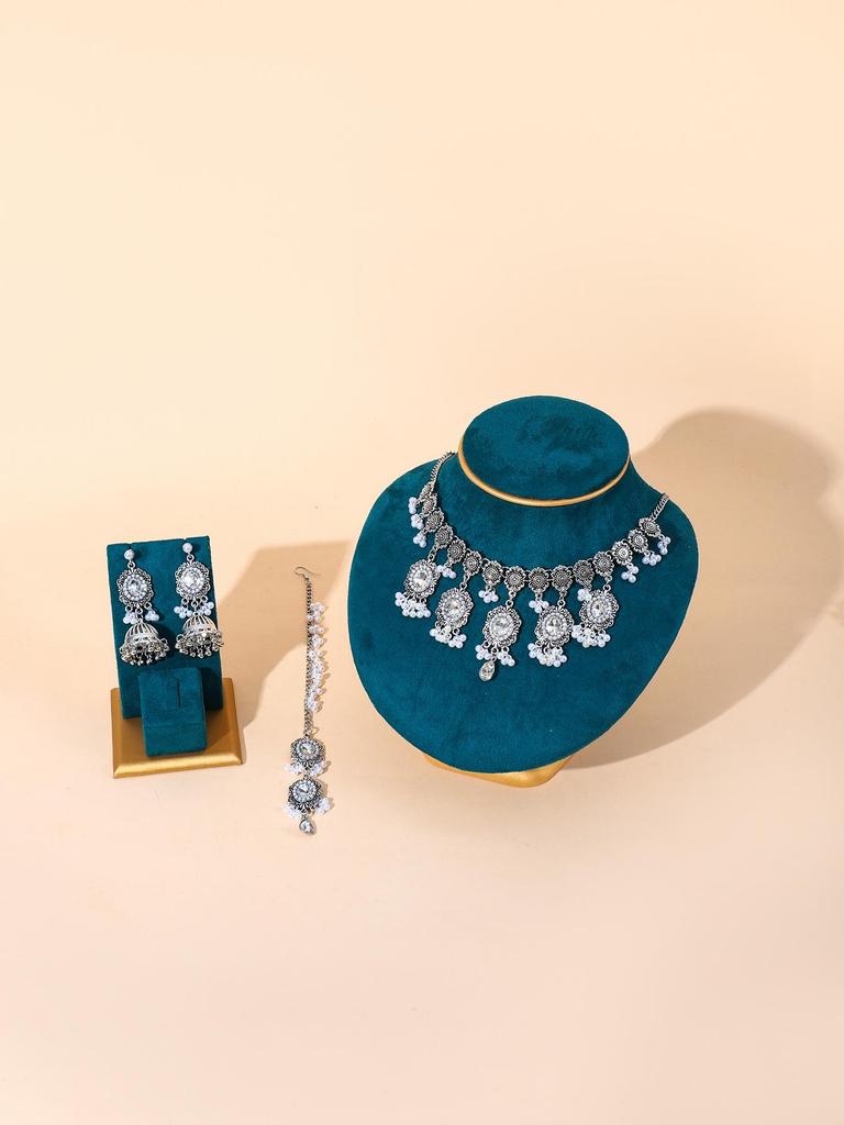 Indian Style Rhinestone Gemstone Three-Piece Set: Oval Necklace, Earrings & Headwear