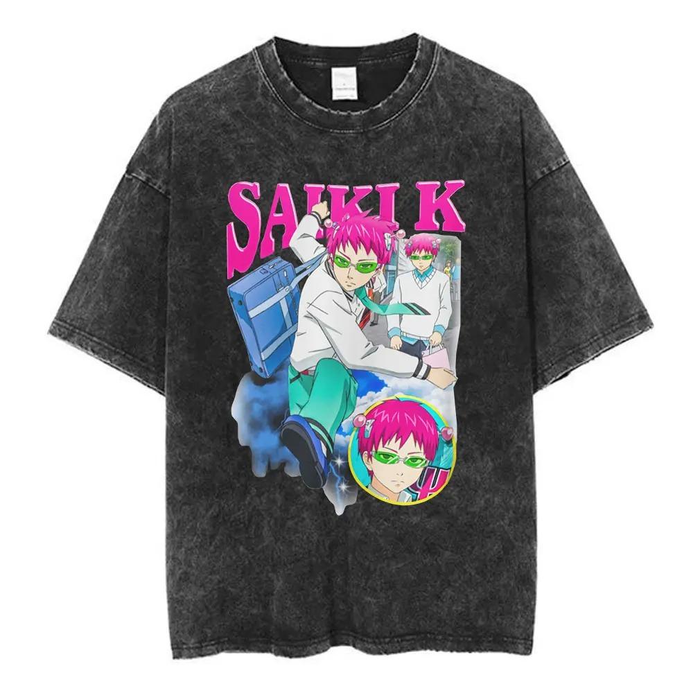Anime The Disastrous Life of Saiki K Graphic Print Tshirt Men Women Vintage Washed Cotton Oversized Harajuku Style Summer Tees