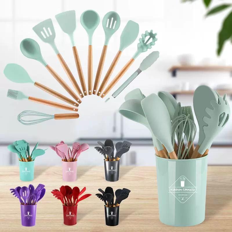 Silicone wooden handle kitchenware set 12-piece set High temperature resistant non-stick pan Scoop clip Kitchenware bucket Baking utensils