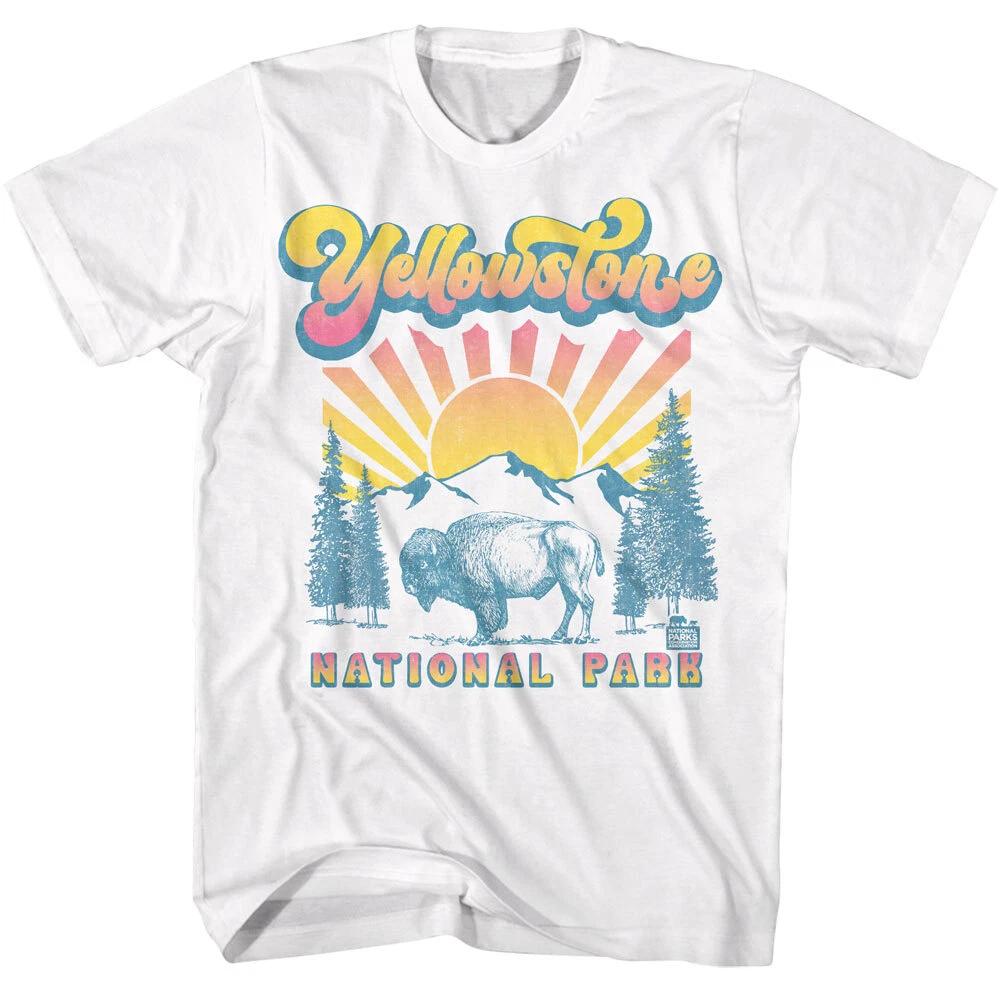 United States National Parks Yellowstone Buffalo Sunburst Mountain Men s T Shirt S