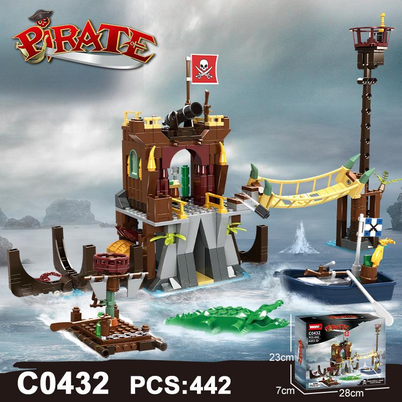 Building Block Pirate Ship Sailing Castle Toy Model Children Assemble Small Particle Tabletop Ornament