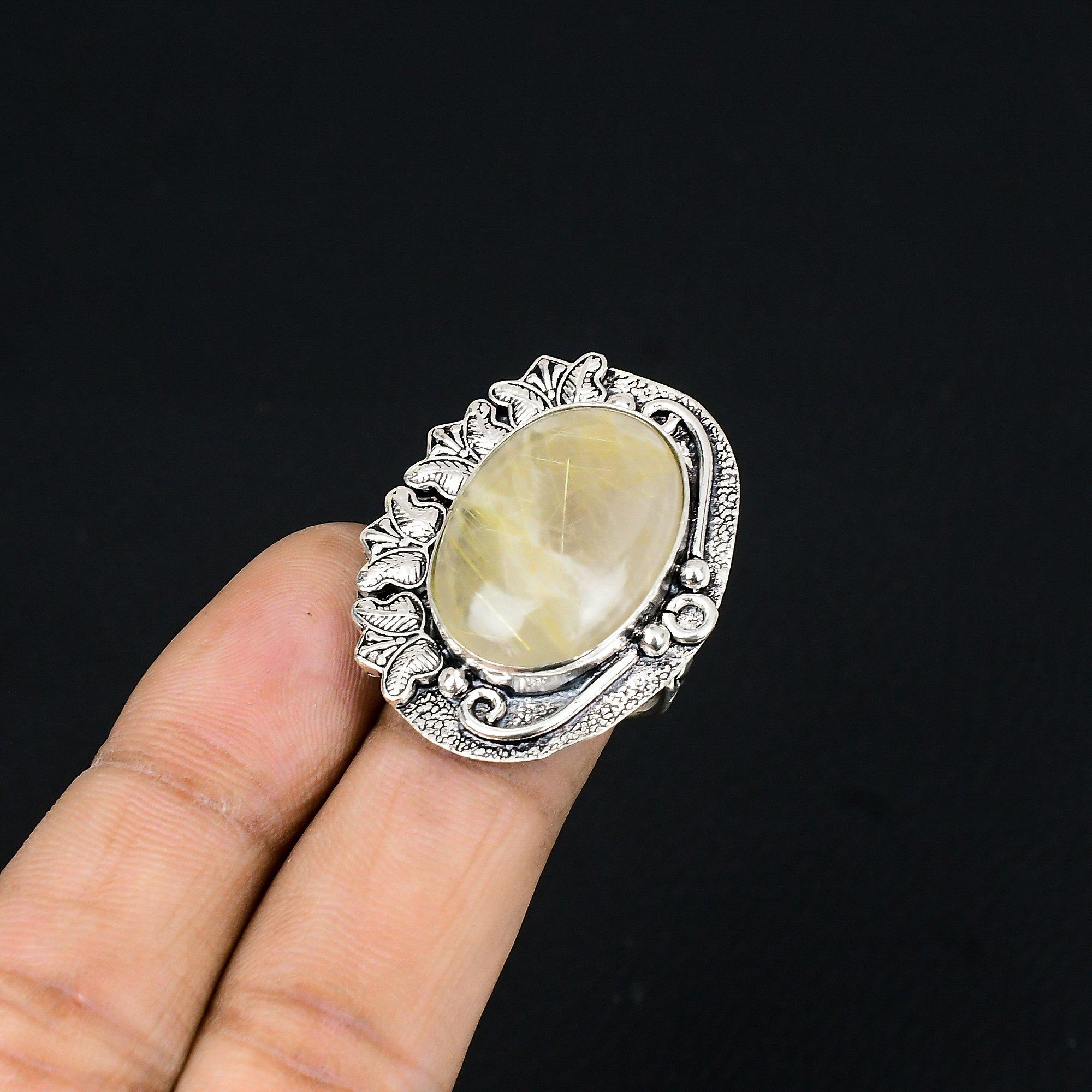 Oval Golden Rutile Stone Handmade Statement Boho Ring Jewelry Size 7 925 Silver 7