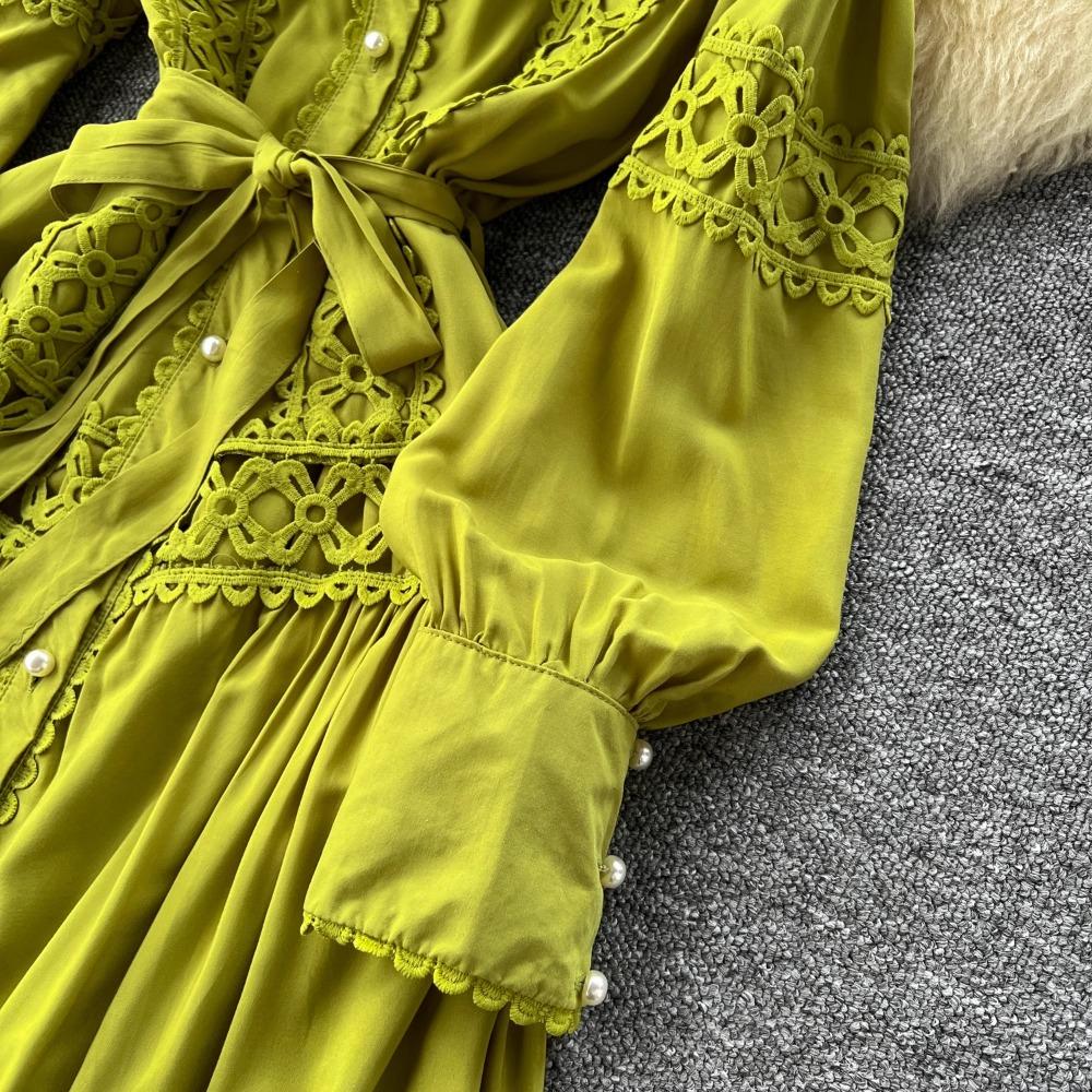 Harajuku Stand Collar Lantern Sleeve Lace Mujer Lace Up Mid-length French Style Dresses Patchwork Hollow Out Robe