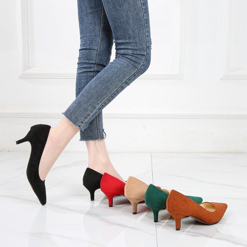 Mujer New Low Heel Pumps Lady Pointed Toe Kitten Heels Female Green Flock Plus Size 46 Red Shoes Women 5cm High Heels