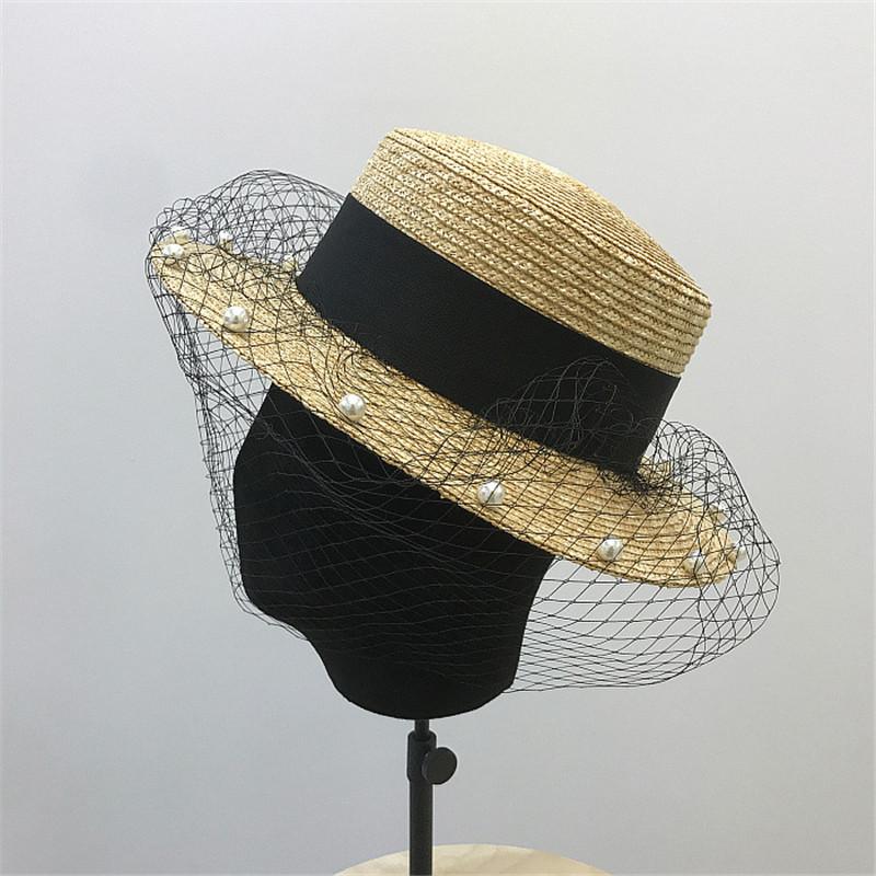 Japan Designer Natural Straw Mesh Pearl Brim Lady Fedoras Hat Women Leisure Panama Jazz Cap
