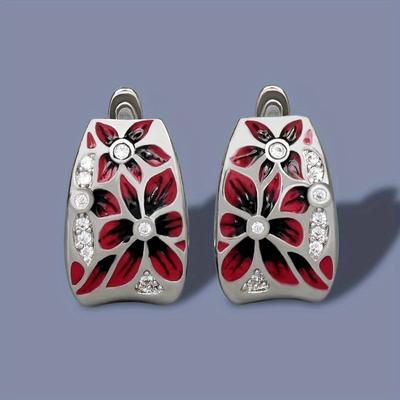 Simple Red Epoxy Flower Carved Hoop Earrings Handmade Enamel Women's Silvery Plated Earrings Wedding Earrings Party Jewelry Gift