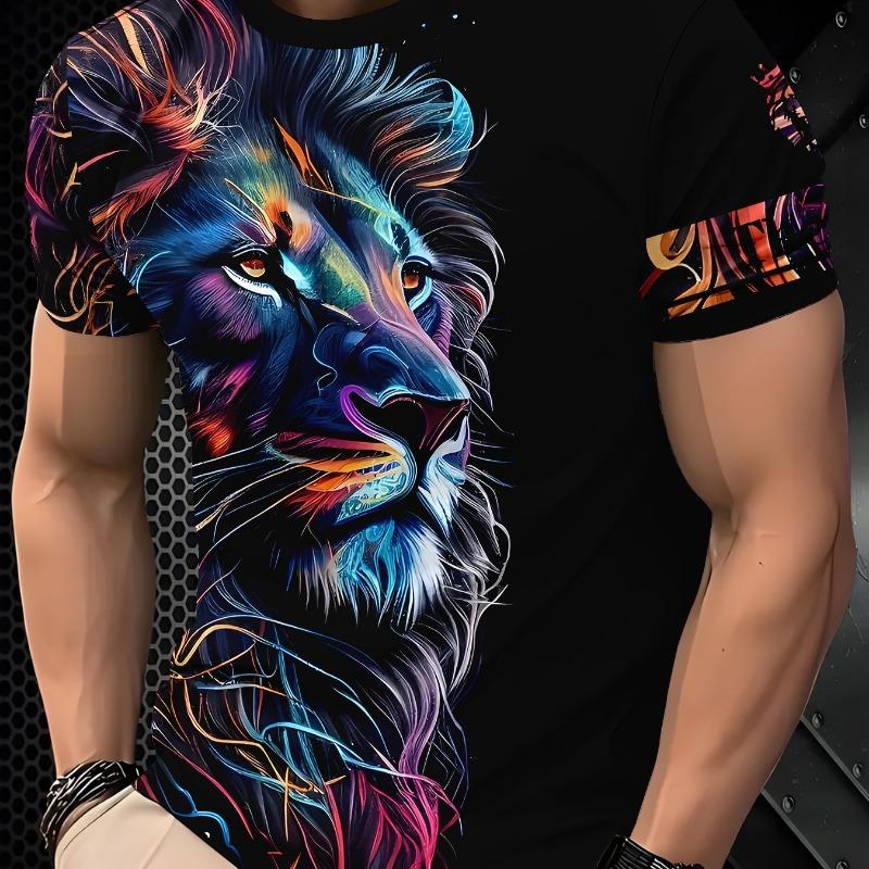 Men s Domineering and Colorful Lion Print Short-sleeved T-shirt Summer Fashion Brand Loose Round Neck Top S