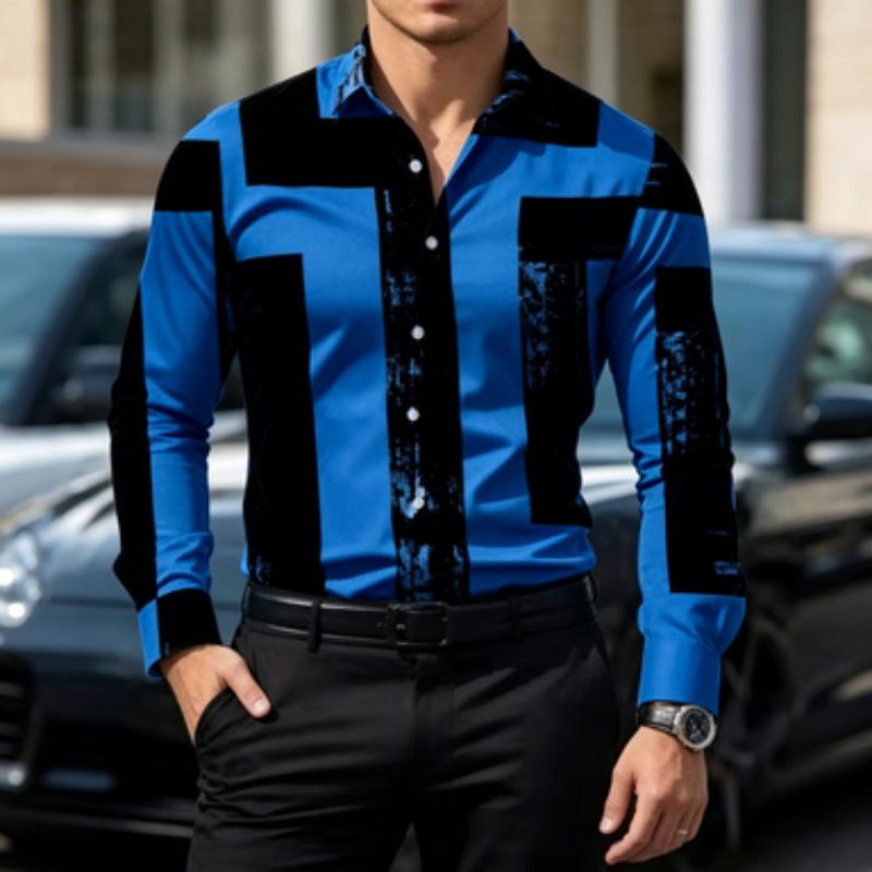Men's Shirt Color Block Lapel Long Sleeved Shirt Abstract Geometric Print Slim Fit Shirt Light Business Daily Casual