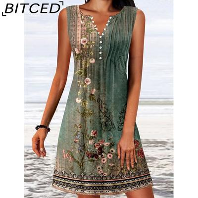 Women's Fashion Summer Spring Floral Print Sleeveless V-Neck  Casual Dresses