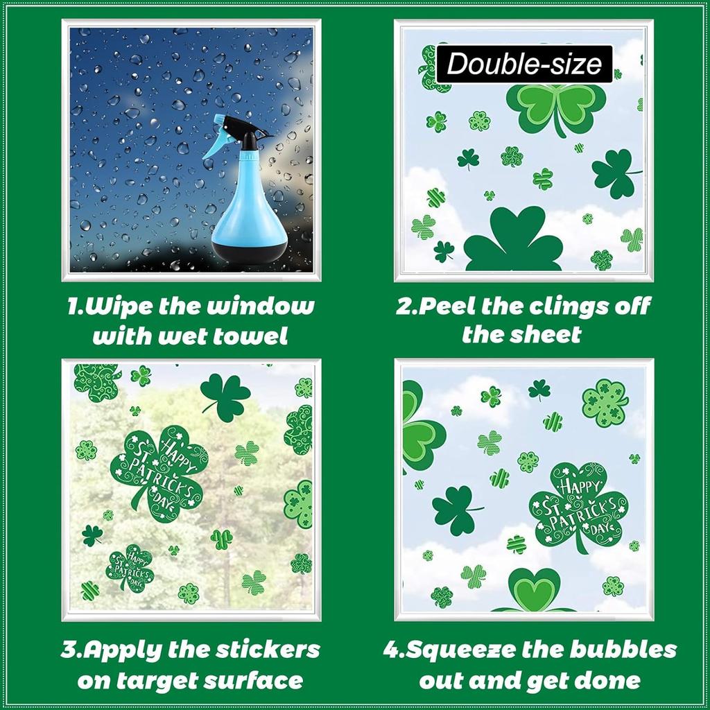 106Pcs St. Patrick's Day Window Clings, Green Shamrock Shaped Sticker Reble Static Window Stickers for Irish Day Decoration Spring Holiday Home