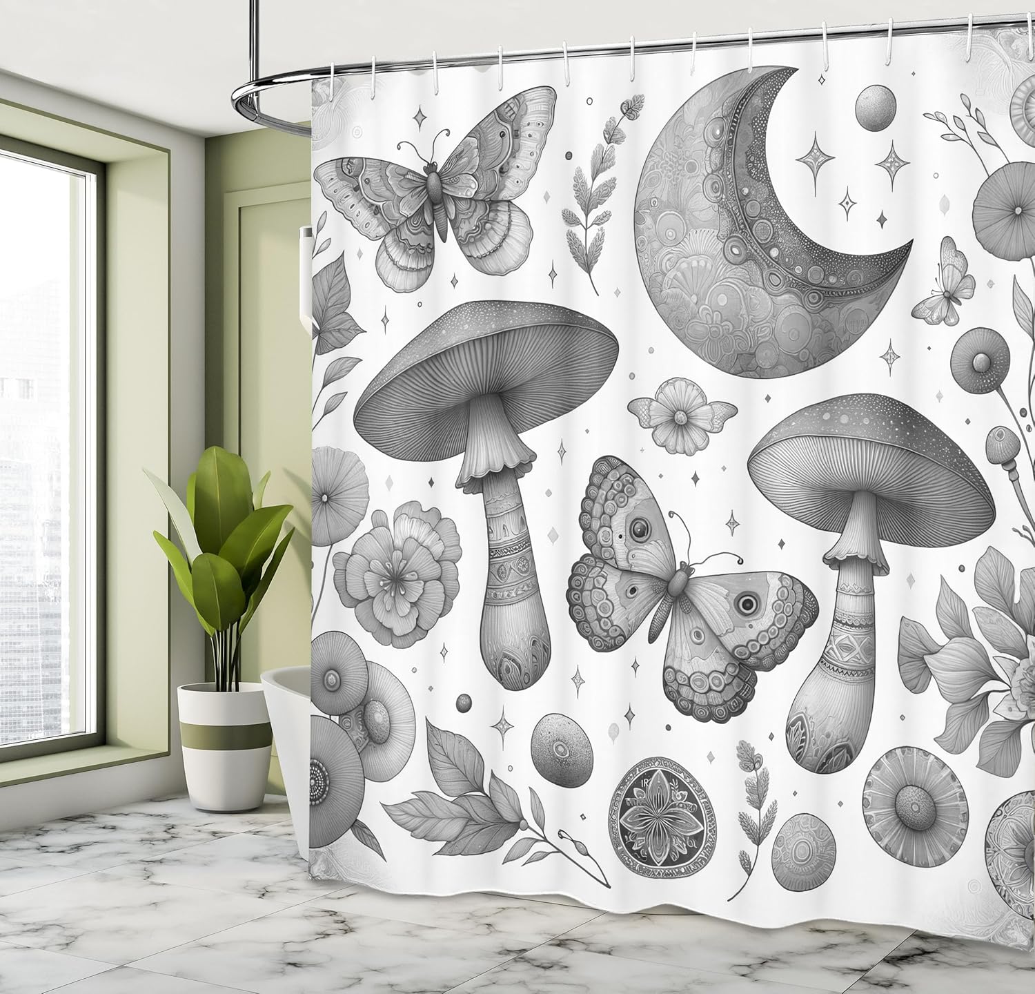 

Grey Shower Curtain, Medieval Nature Feels Art Of Mushroom Moth Moon And Leafy Flowers Witchcore, Cloth Fabric Bathroo W60H190(CM)-1 Pcs