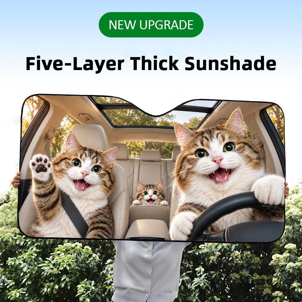 Cute The cat is driving Sun Visor Foldable Aluminum Foil Car Windshield Sun Shade - UV Protection Heat Insulation VisorWindshield Sunshades 1