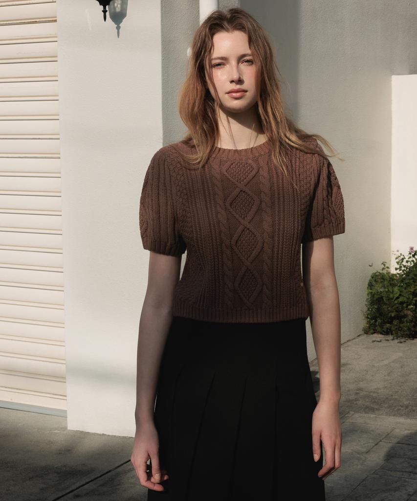 DEHEVE Half Sleeve Cable Knit [Brown]