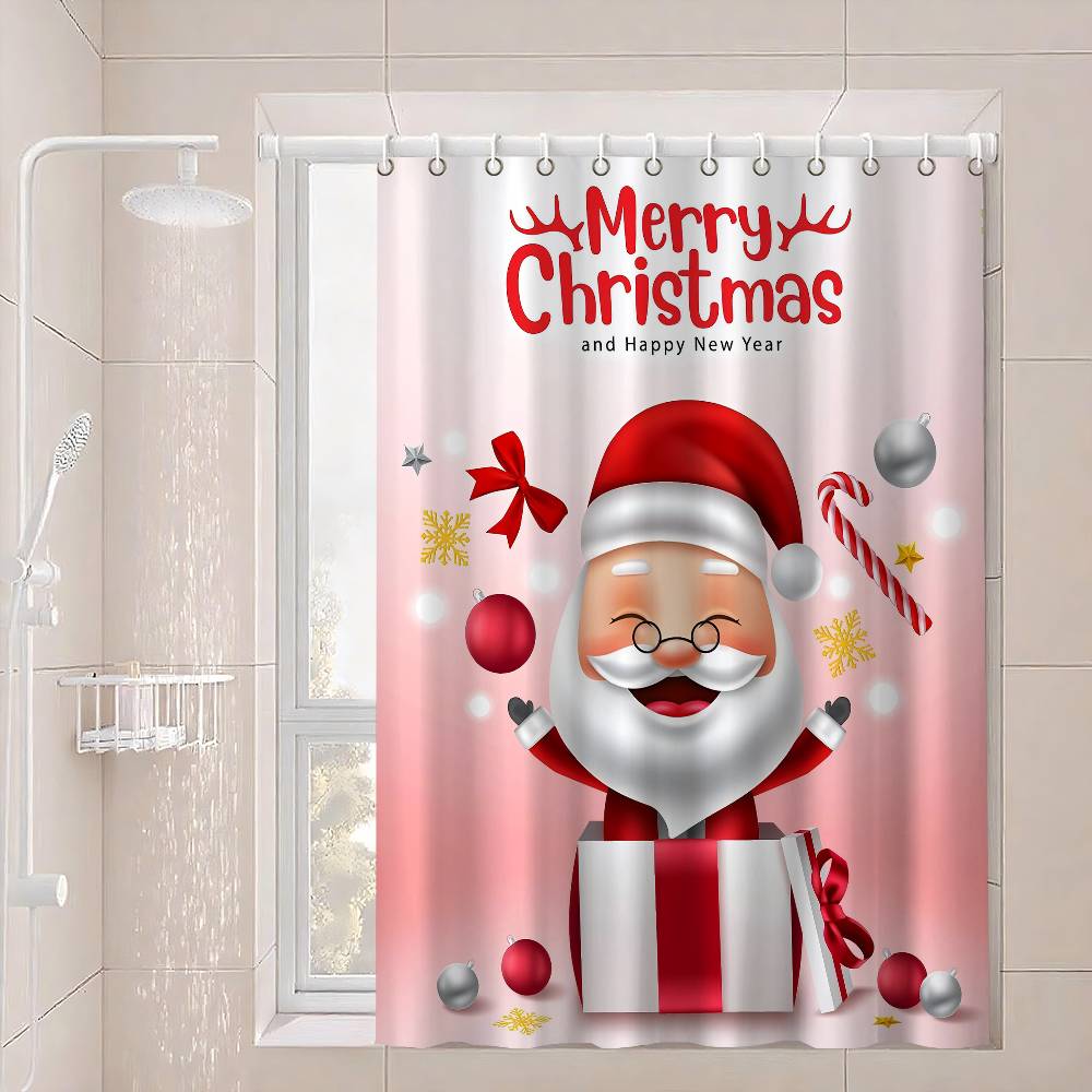 Christmas Santa Claus Shower Curtain Summer Beach Bathroom Decorative Shower Curtain, Waterproof