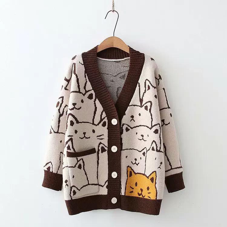 Women's Plus Size V-Neck Cat Jacquard Knit Cardigan - Preppy Autumn/Winter Cartoon Style