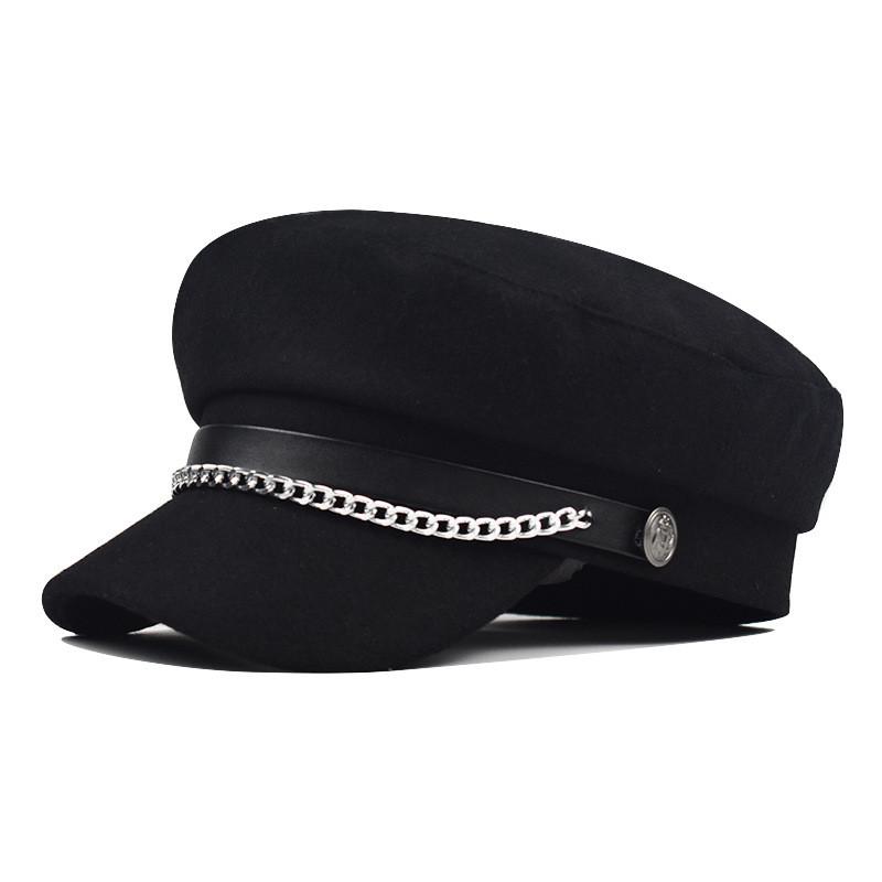 Women Solid Color Stylish Beret Cap Chain Decor Winter Spring Wear Travel Hat