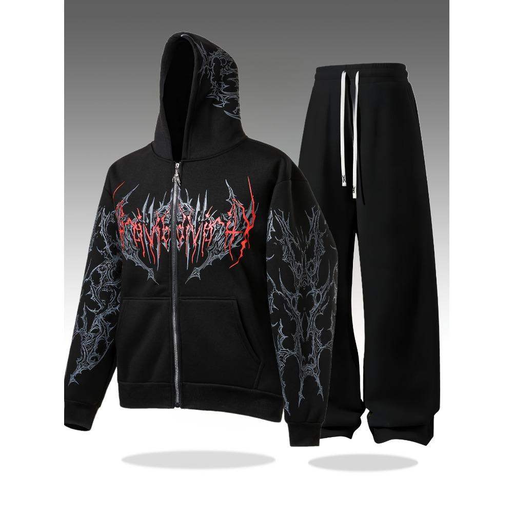 

Men s Sports Suit, Warm Full Zip Hoodie and Pocket Sports Pants, Casual and Comfortable, Printed Pattern, Regular Fit XXL