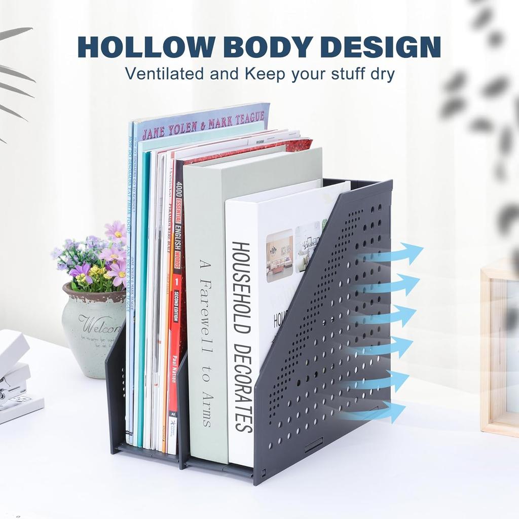 Collapsible Magazine File Holder with 2 Vertical Compartments Foldable Binder Holder for Desk Binder Storage Organizer Plastic Magazine Holders for