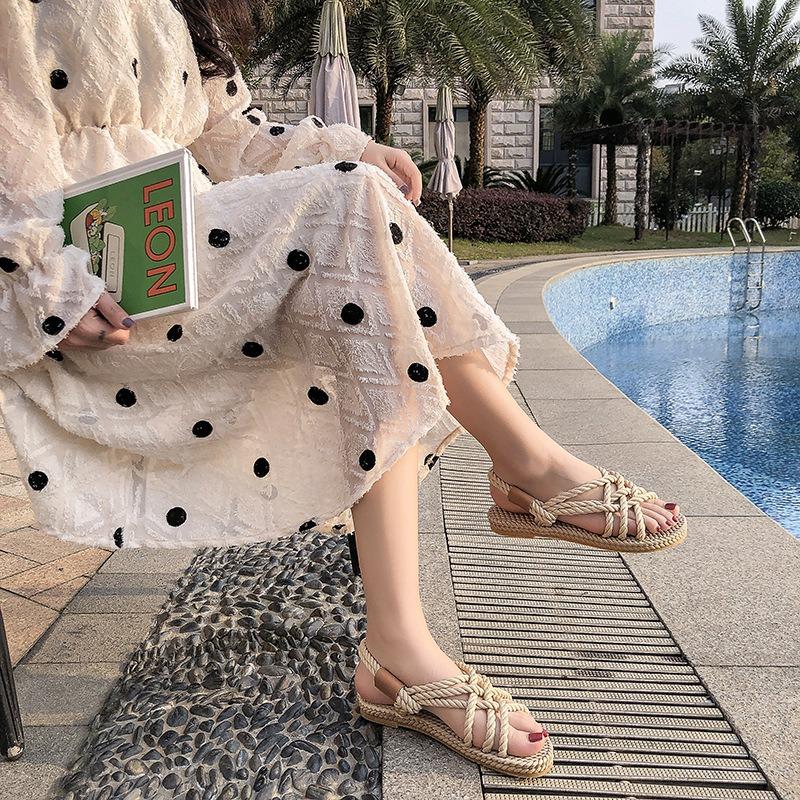 Sandalai Moteriški Plokščiapadžiai Kanapinė Virvė Kryžiuoti Dirželiai Moteriški Batai Atviru Priekiu Kasdieniai Paplūdimio Sandalai