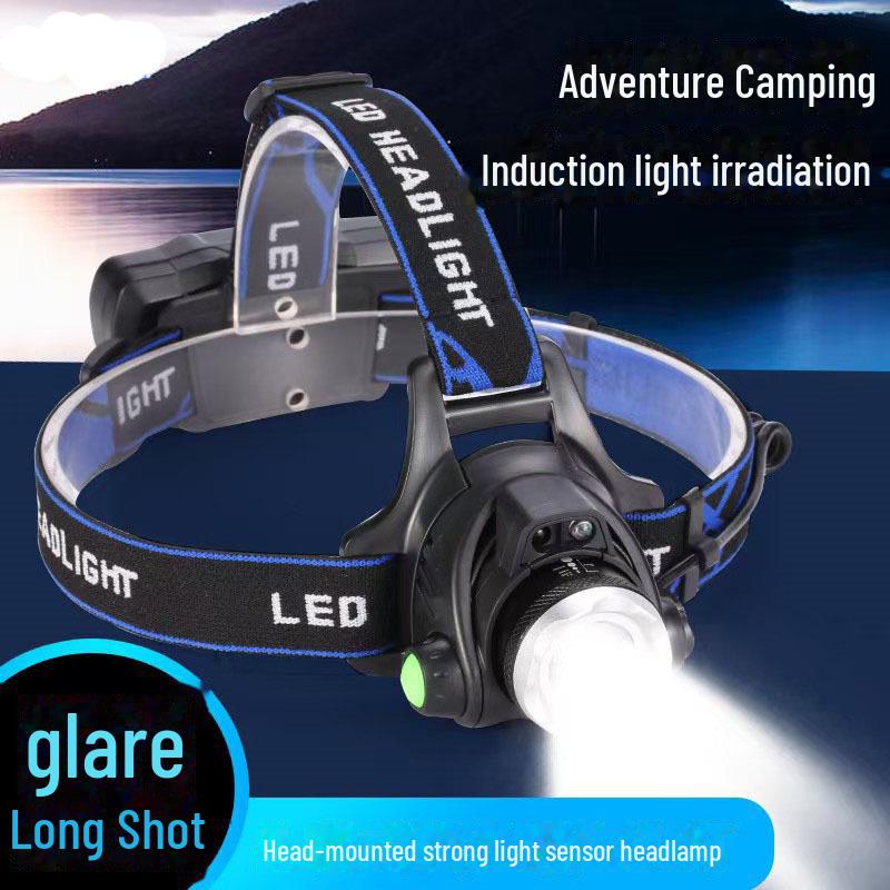 T6 LED Headlamp: Strong Light, Zoom, Induction, Ideal for Outdoor Use - Night Fishing and Mining.