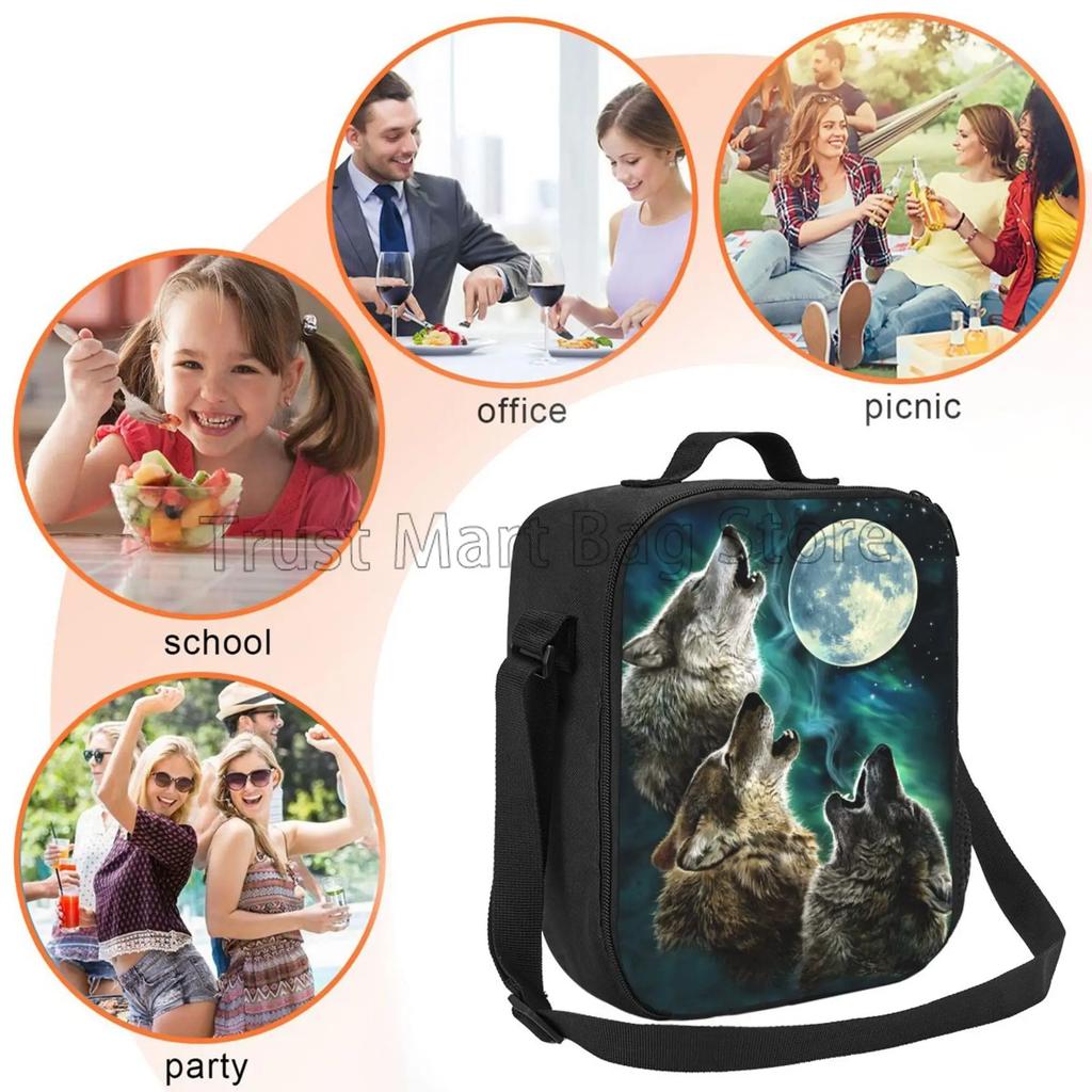 Three Wolves Howling At The Moon Print Insulated Lunch Bag Waterproof Reusable Thermal Bento Tote with Adjustable Shoulder Strap