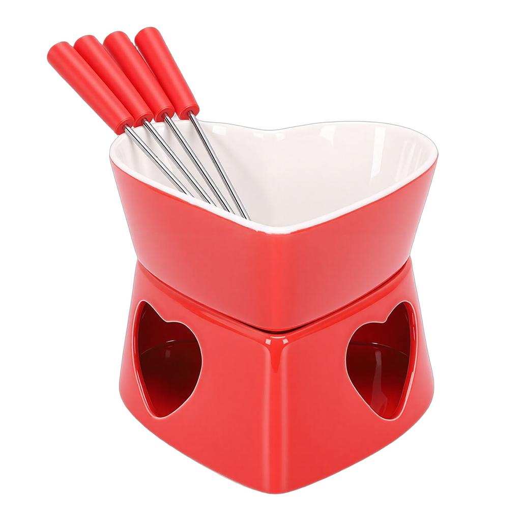 Heart Shaped Chocolate Fondue Mug Set Ceramic Sweet Fondue Cup with Forks and Candle Red White 350ml