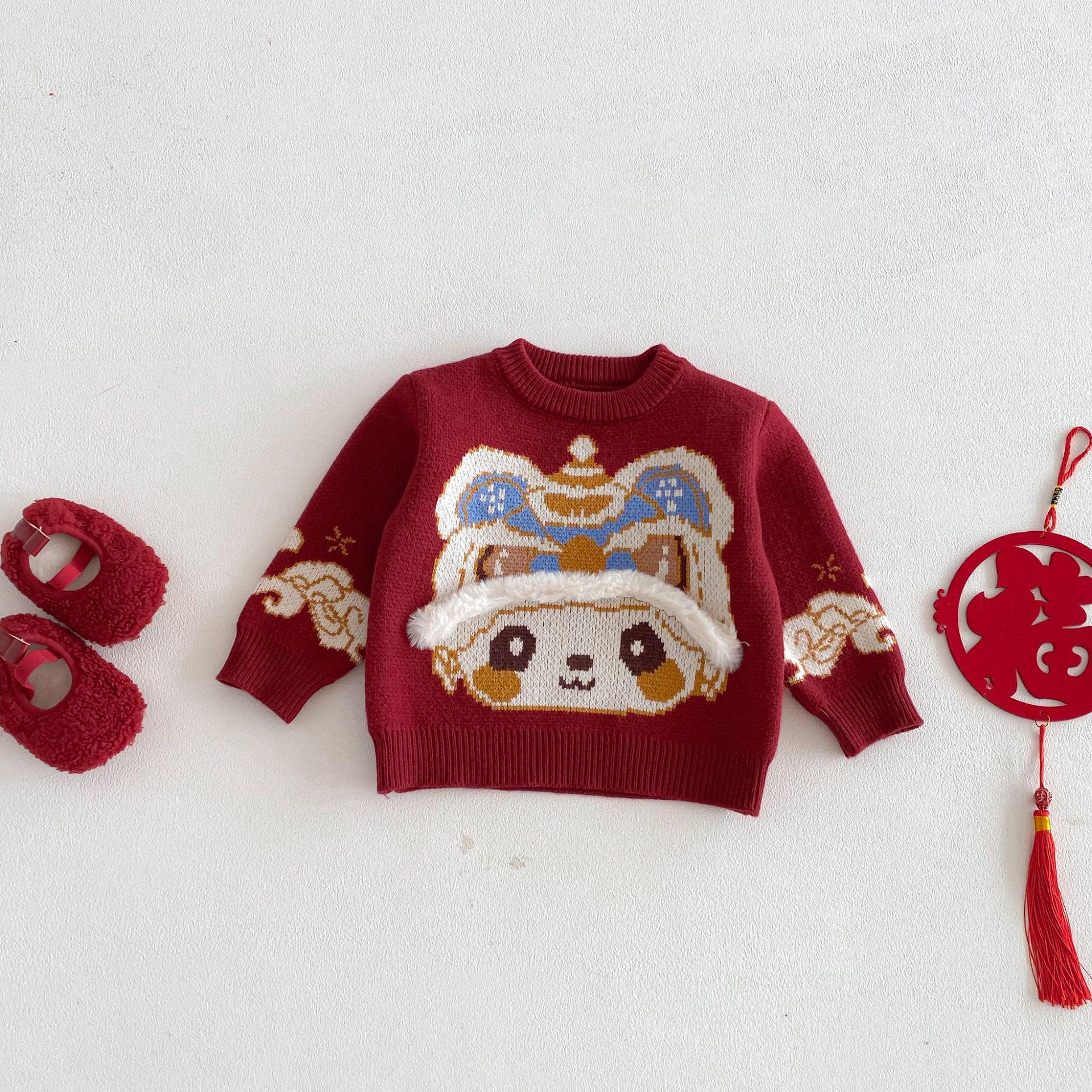 

Зимовий дитячий жакардовий светр з головою тигра 2025 - Милий новорічний в язаний пуловер для хлопчиків та дівчаток 73 китайська червоний колір