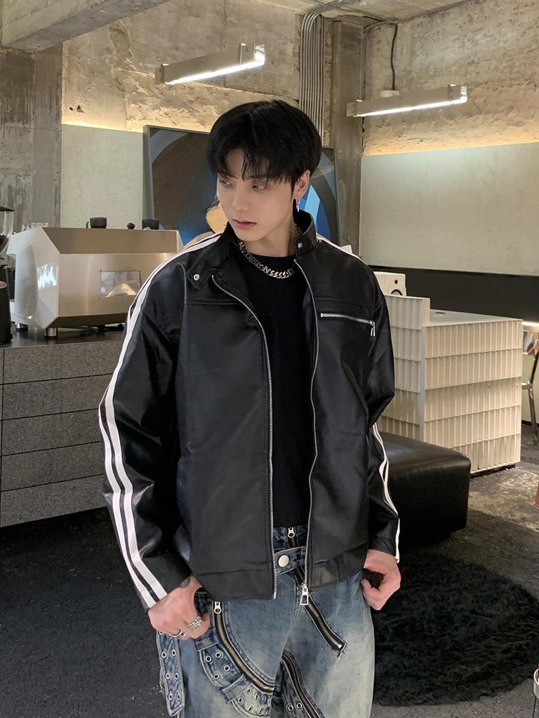 Herren American Retro Gestreifte Maillard Lederjacke - Frühling/Herbst, Design-Fokus PU Schulter