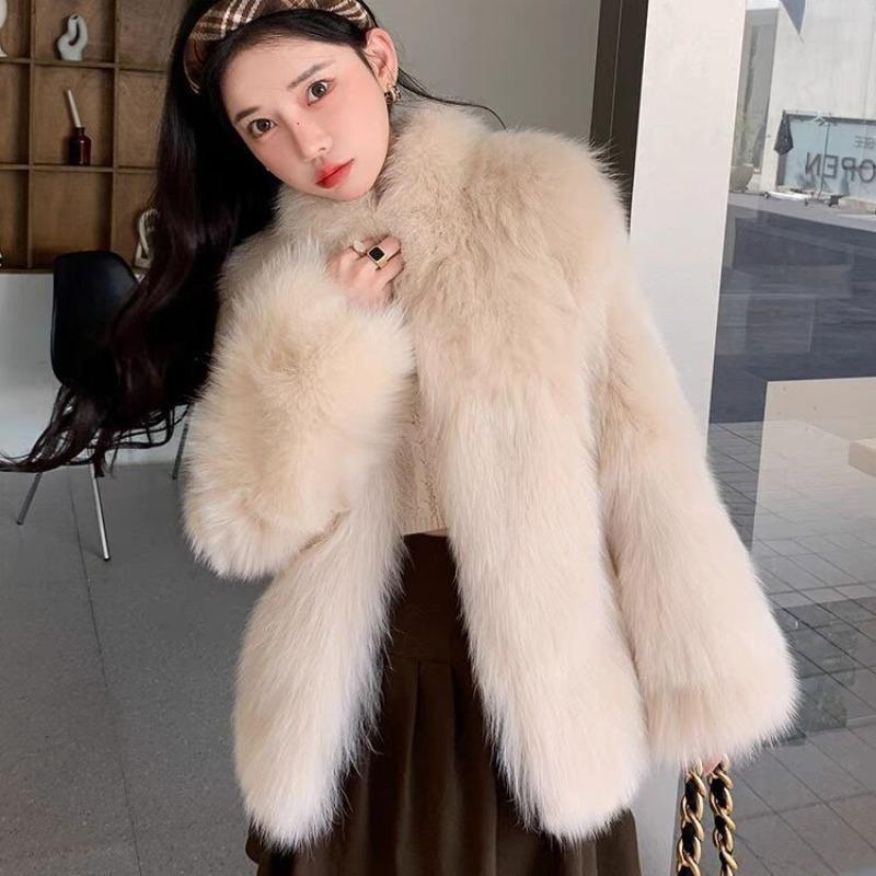 Stand-up collar imitation fur jacket short fashion imitation fox fur top plush women's winter clothing fashionable and simple trend