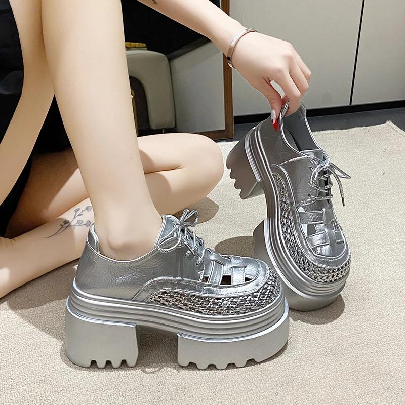 Fashion 9CM New Summer Women's Hollow Sneakers Leather High Heels Platform Lace-up Casual Shoes Thick Sole Walking Shoes Zapatos Mujer
