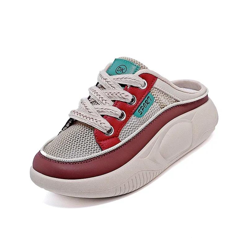 Fashion New Women's Shoes 2024 Fashionable Mesh Breathable Women's Slippers Color Matching Lace-up Toe-toe Mid-heel Women's Slippers
