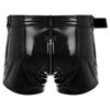 Mens Wet Look Boxer Shorts Waist Belt Double Zipper Openable Crotch Bulge Pouch Underwear Nightclub Sexy Nightwear