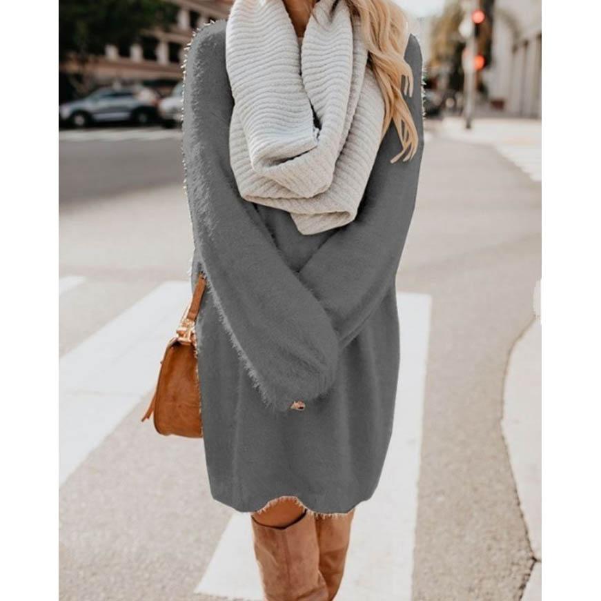 

Женский зимний свитер вязаный с круглым вырезом теплый с длинным рукавом с О-образным вырезом повседневные толстовки платье однотонный оверсайз базовый женская одежда XXXXXL серый