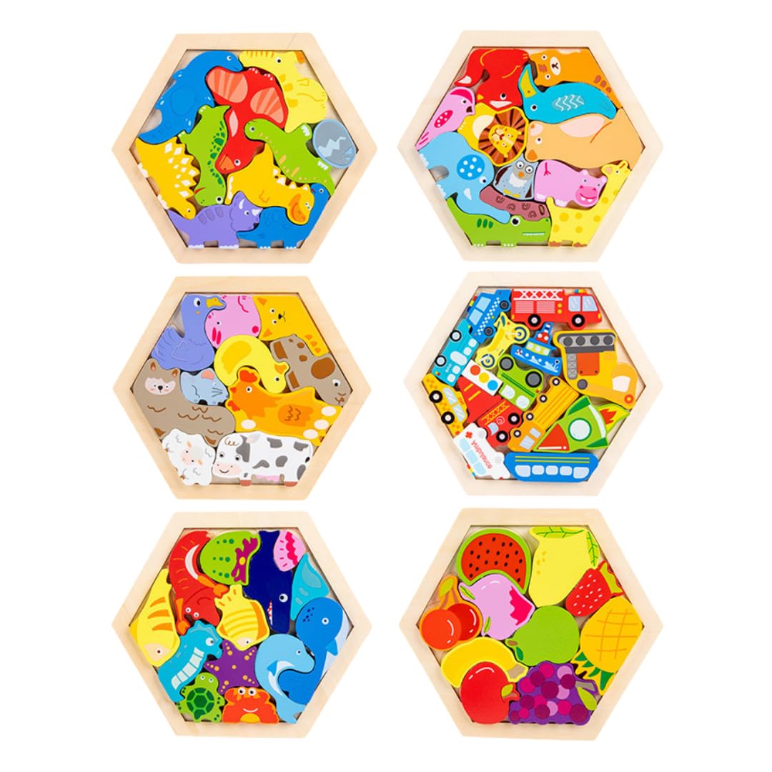MaT Store Wooden Puzzle Fruits Interlocking Puzzle Shape Matching Set of 6 - Animals, Vehicles, - - -