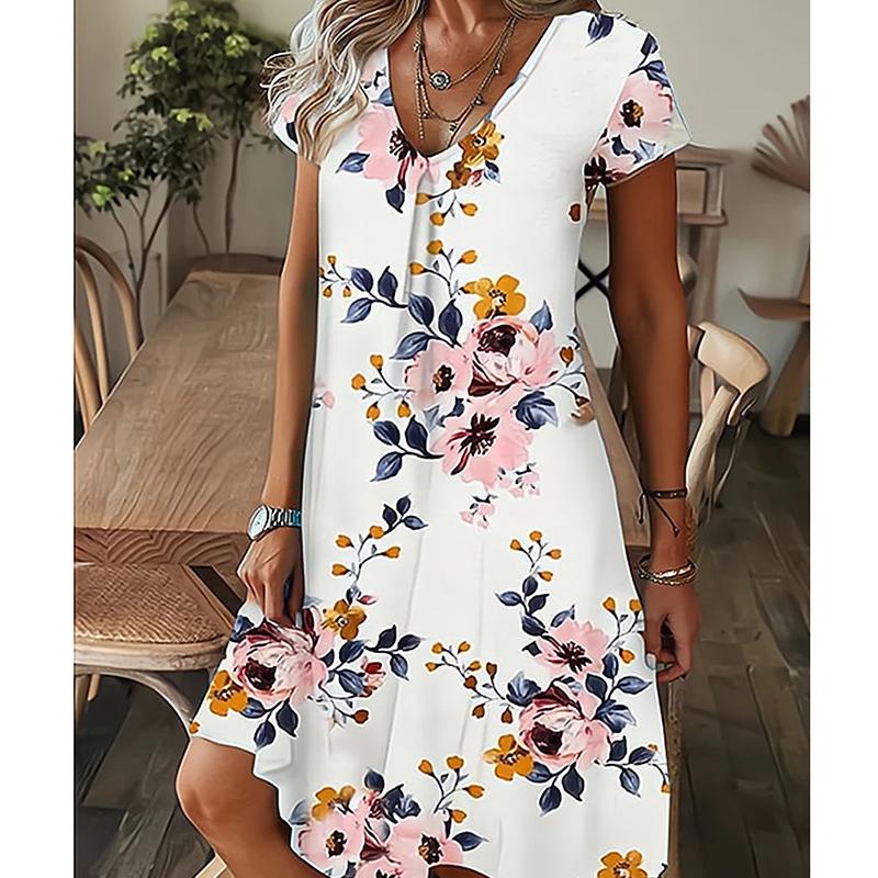 Letní módní dámské šaty s krátkým rukávem a výstřihem do V, krásné květinové tištěné šaty s krátkým rukávem a sexy sukní
