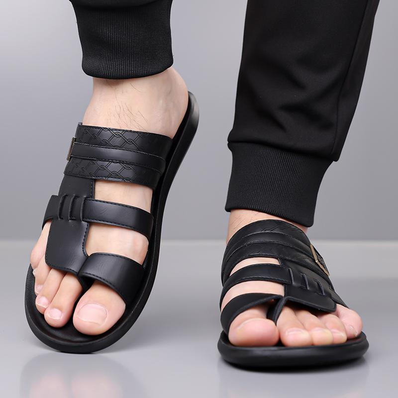Men Black Leather Slippers Handmade Simple Flats Summer White Outdoor Roman Sandals Brown Open Toe Beach Shoes Plus Size
